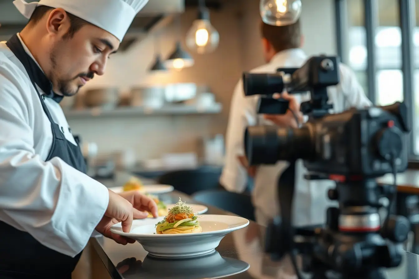 A restaurant chef plating a dish while a videographer films a close-up