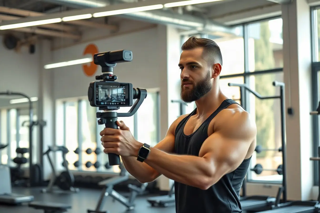 A fitness trainer being filmed for social media reels in a modern gym