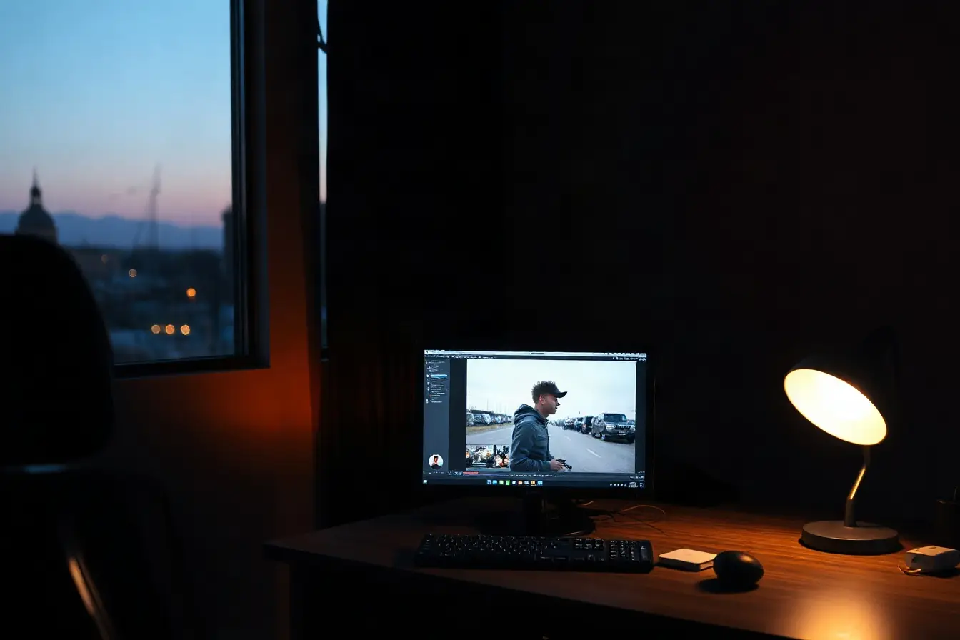 A professional video editing suite at dusk
