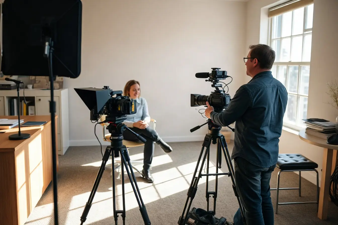A small video crew filming a client interview in a sunlit San Francisco office